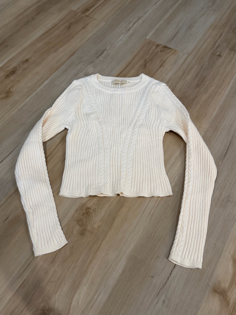 Crochet-Detail Ribbed Long Sleeve Sweater - Cream
